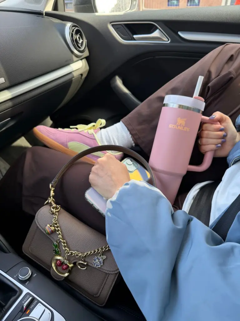Person relaxing in car with Stanley Cup